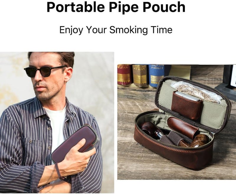 CONTACTS حقيبة تبغ صغيرة من جلد كامل الحبة لتنظيم أنابيب التدخين للسفر، ملحقات محمولة لحامل الولاعة، حقيبة أنابيب التبغ لعدد 2 أنابيب - Image 5